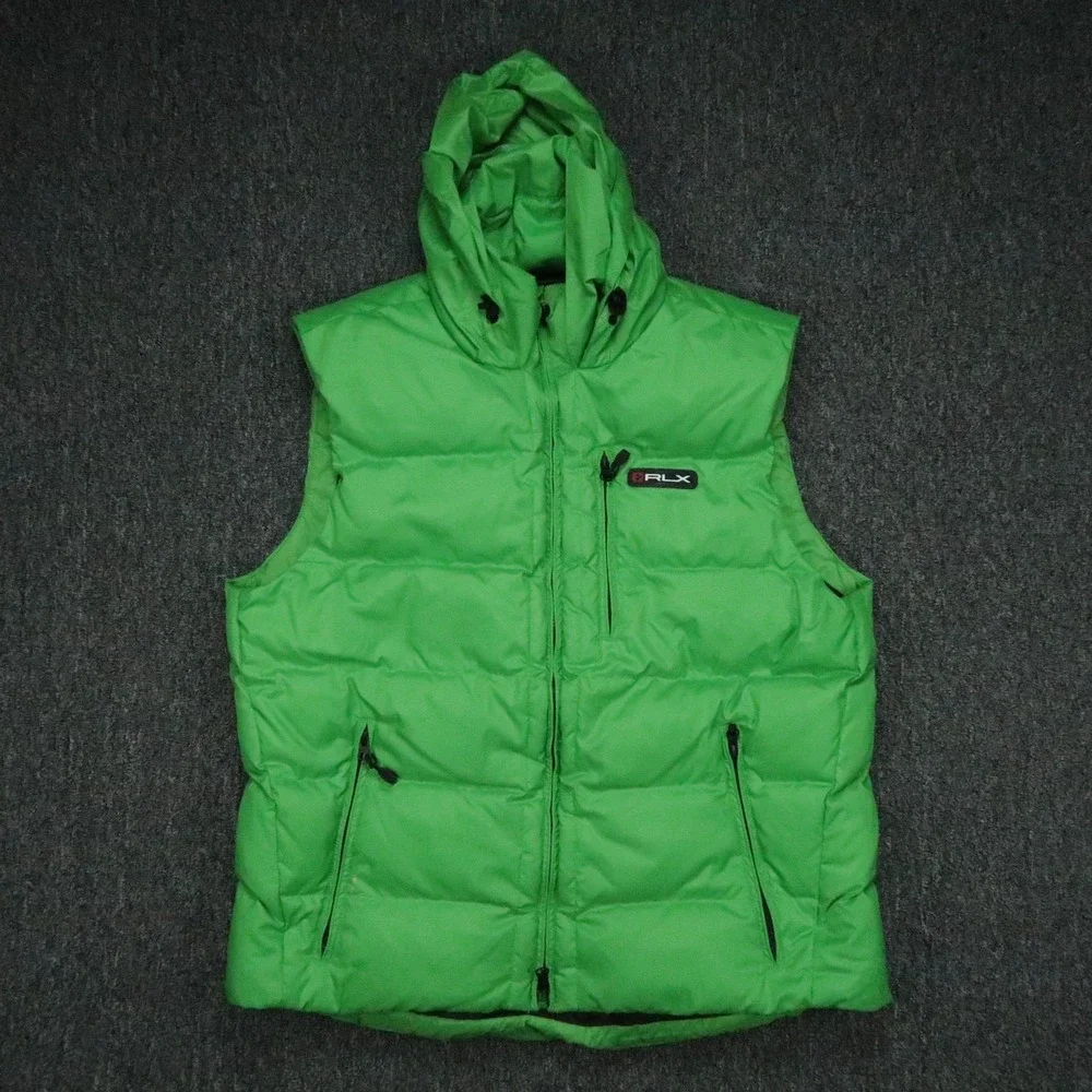 RLX Ralph Lauren Vest Mens Large Green Hooded Puffer Full Zip Pocket Down